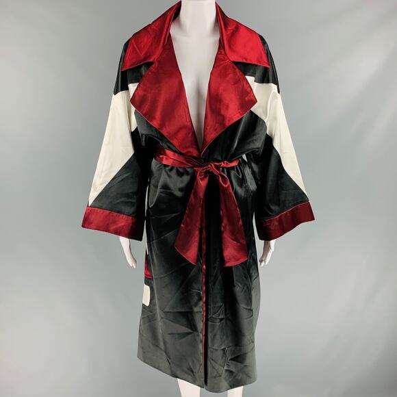 MISBHV Size S Black Burgundy Polyamide Blend Color Block Robe Coat - Picture 1 of 8